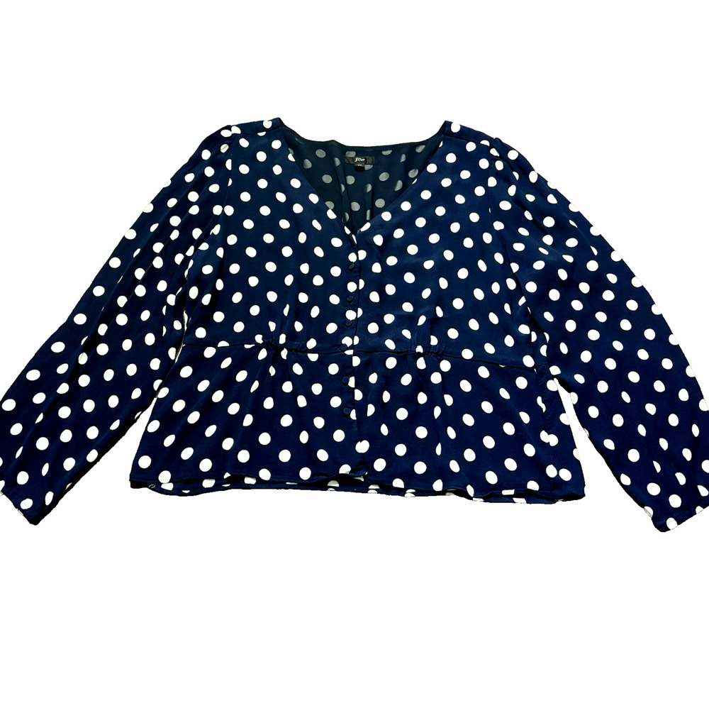 J Crew Peplum Crepe Blouse Womens Plus Sz 20 XXL Navy Polk Dot Lined V Neck Top